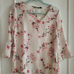 Trendsetter Floral 3/4 Bell Sleeve Strappy V-Neck Blouse - Small